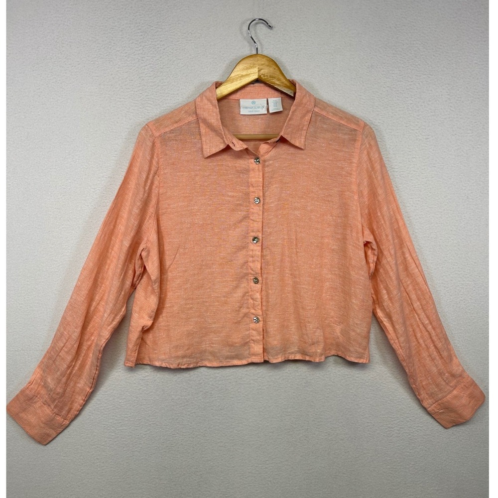 Coastal Minimalist Cynthia Rowley Womens Medium Peach 100% Linen Cropped Shirt